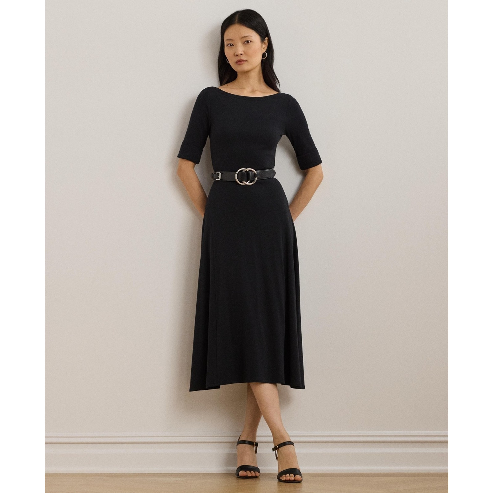 Lauren Ralph Lauren Women Rib-Knit Stretch Cotton Midi Dress Black Size Xs 2045